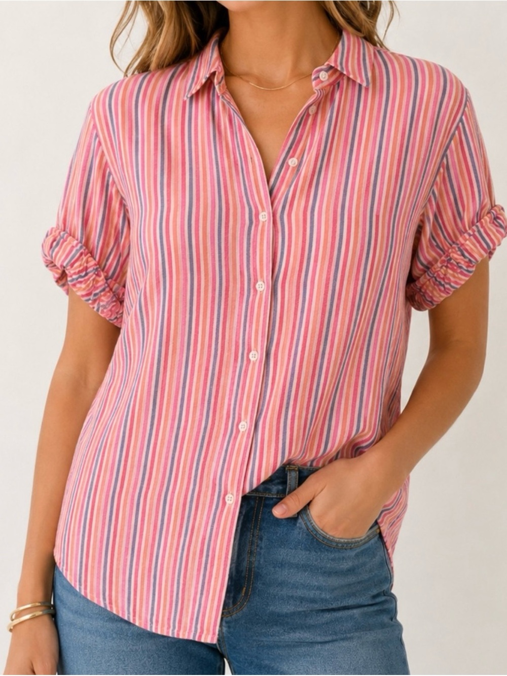 Xirena Button Front Shirt Pink Stripe Cotton Size XS